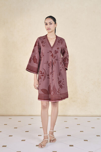 Rhubarb Hand-embroidered Kantha Linen Dress - Pink